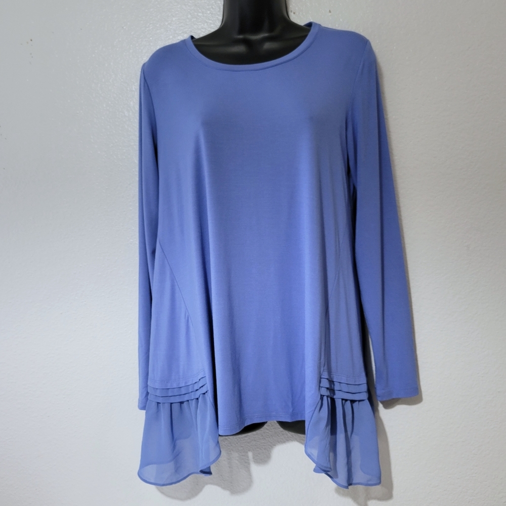 LOGO By Lori Goldstein Women's Size Small Blue Long Sleeve Sheer Hem Top